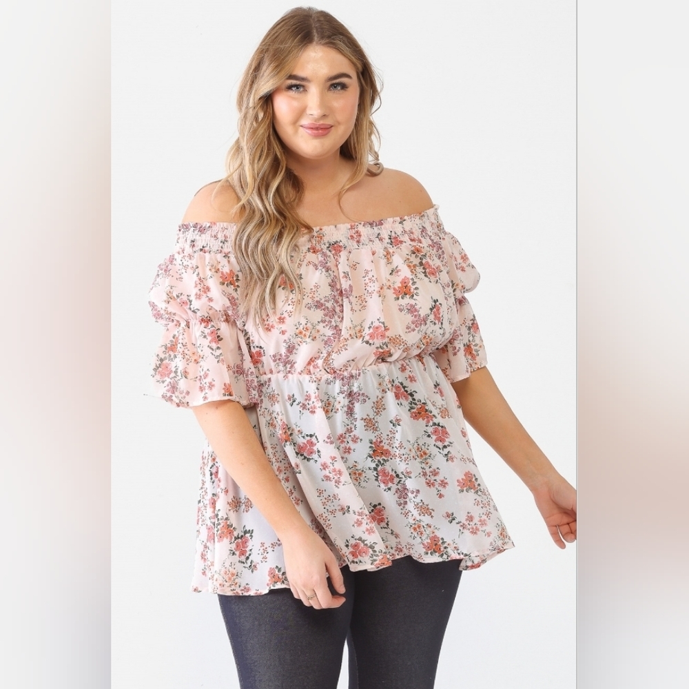 Junior Plus Peach Floral Chiffon Off-The-Shoulder Midi Sleeve Flare Hem